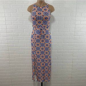 Orange and blue geometric print dress